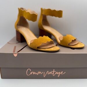 Crown Vintage Thelania Mustard Yellow Suede Scalloped Block Heel Sandals Size 6